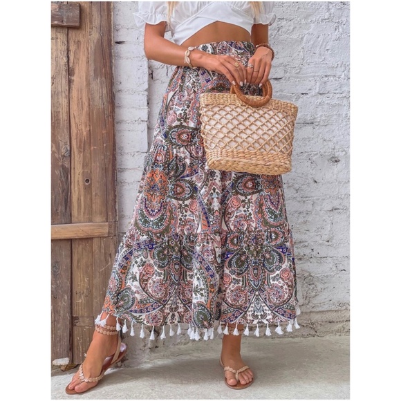 Paisley Print Tassel Hem Maxi Skirt - Picture 8 of 10
